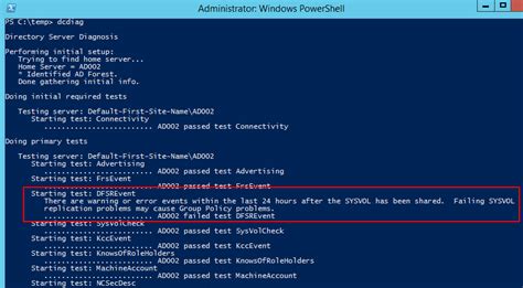 dcdiag dfsrevent failing sysvol replication.